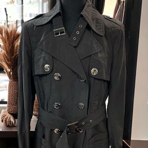 Calvin Klein Thigh length black trench coat with tie waist- size Med